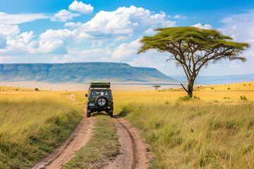 Safari car on the road through the African savannah, witnessing the breathtaking wildlife, nature, and landscape of Africa, a must-see for any travel vacation