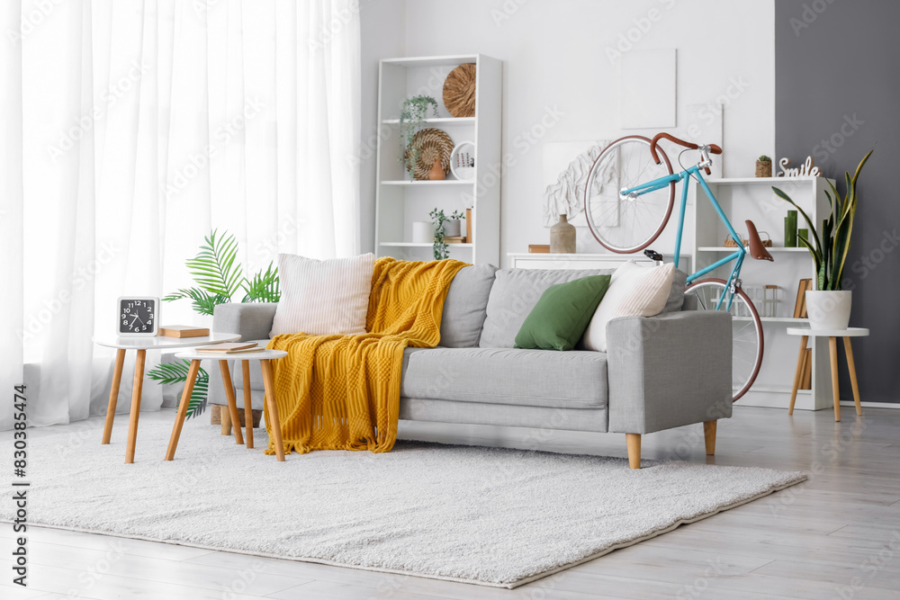 Interior of light living room with comfortable sofa, coffee table and bicycle