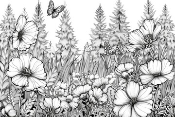 Wall Mural - Detailed black and white drawing of a beautiful field of flowers. Perfect for nature and botanical themes