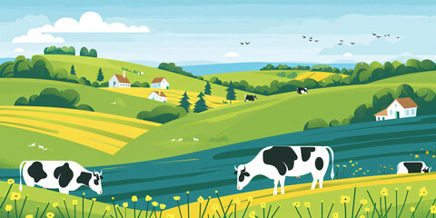 Wall Mural - Herd of cows in green field. Milk cows grazing in pasture, eating grass. Free range cattle on farmland. Rural nature landscape with farm house