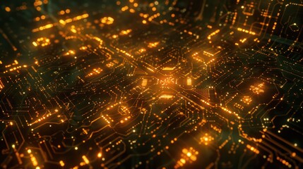 Light semiconductor chip circuit line connection on motherboard. Modern technology AI processor background wallpaper.