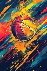 Wall Mural - A vibrant basketball ball with colorful splats, perfect for sports and recreation concepts