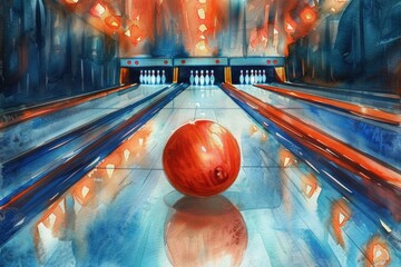 Canvas Print - A painting of a bowling ball in a bowling alley. Suitable for sports and leisure concepts