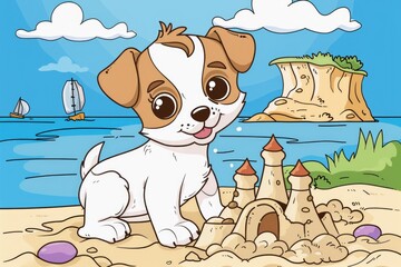 Wall Mural - Cartoon dog sitting in front of sand castle. Great for children's book illustrations