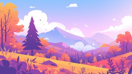 Canvas Print - Experience a picturesque autumn scene featuring trees mountains and a touch of purple hued clouds depicted in a charming flat style 2d illustration