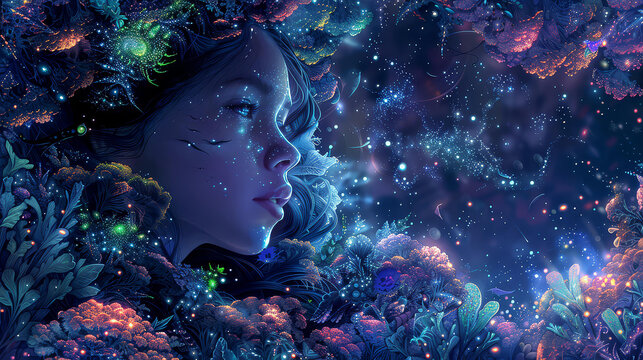 Stunning highresolution art A mystical woman enveloped by glowing bioluminescent creatures, vibrant and enchanting.
