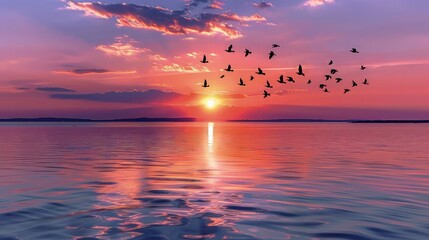 The sun setting slowly over a northern European lake, with a flock of birds flying across the colorful sky, their silhouettes adding life to the peaceful evening landscape.