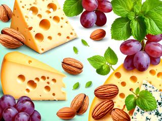 Cheese and nuts for food design or packaging with cheese, nuts, grapes, mint leaves, wallpaper design background