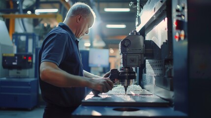 Wall Mural - machinist operating cnc milling machine in manufacturing plant