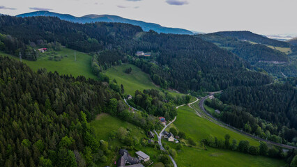 Wall Mural - Aerial view of historical Semmering railway bridge in Austria, cloudy day