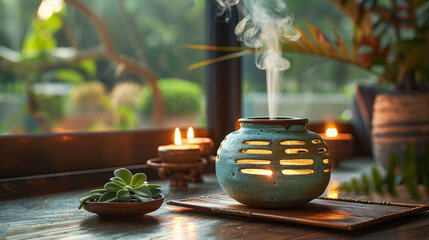 aromatherapy decor, earthenware oil burner diffusing a calming scent of eucalyptus and mint, enhancing the homes ambiance with a refreshing fragrance