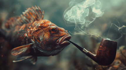 A fish is smoking an old pipe and smoke can be seen coming out of the chimney of the pipe.