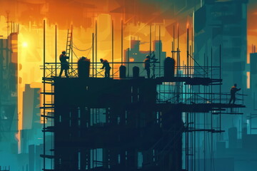 Wall Mural - Labor Day, workers are working with building background