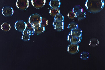 Poster - Beautiful transparent soap bubbles on dark background