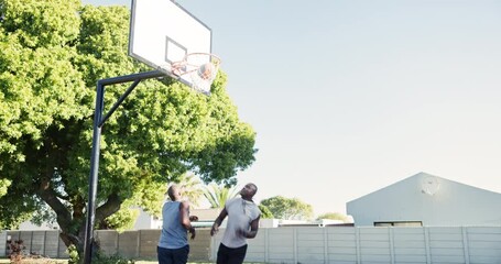 Canvas Print - Friends, basketball court and men with training in park for sport, workout and help in practice. Black people, energy and challenge with shooting in nature for score, fitness and outdoor exercise