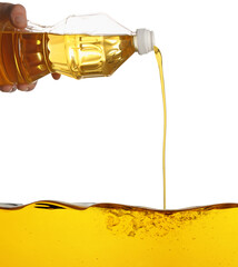 Sticker - Man pouring cooking oil from bottle on white background, closeup