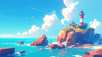 Wall Mural - Experience a vibrant lighthouse seascape in a colorful style featuring a nautical navigation tower perched on a rocky coast beneath a cloudy sky The scene also includes an ocean beach with a