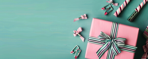 Wall Mural - Pink gift box with striped bow and tie clips on teal green. Father's Day.
