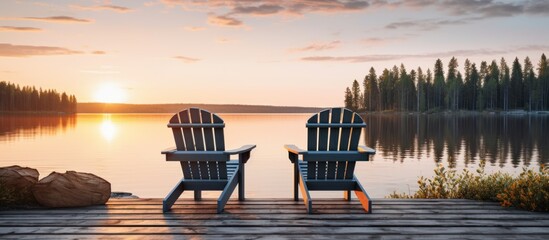 Wall Mural - Two Adirondack chairs on a wooden dock overlooking a calm lake.