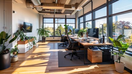 Wall Mural - a modern open-plan office workspace with ample natural light, featuring large windows, indoor plants