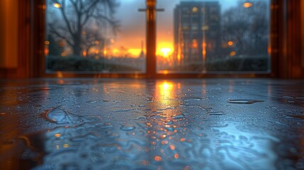 Wall Mural - A serene sunset reflecting on a wet floor viewed through large glass windows, capturing the tranquil essence of evening in an urban environment