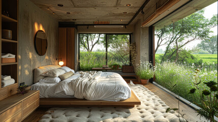 Wall Mural - Natural shade in bedroom of a villa hotel by wildflower at meadow