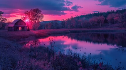 Wall Mural - Countryside Tranquil Setting: A neon photo of a tranquil countryside setting