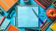 © Aliaksandra - study workspace, desk with school essentials pen, blank notepad for text top view with copy space