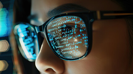 Wall Mural - closeup face of a data analyst wearing glasses looking at the monitor 