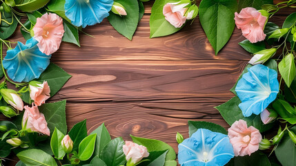 Wall Mural - Morning Glory Floral Frame on Wooden Background - Ideal for Invitations, Announcements, and DIY Projects