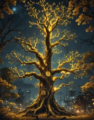 Wall Mural - A tree with energy and yellow electricity running through it. 