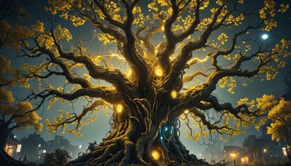 Wall Mural - A tree with energy and yellow electricity running through it. 
