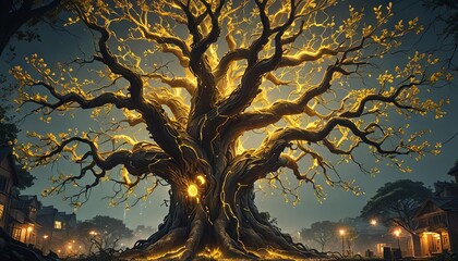 Wall Mural - A tree with energy and yellow electricity running through it. 