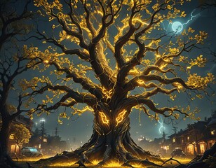 Wall Mural - A tree with energy and yellow electricity running through it. 