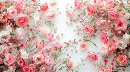 Poster - Pink roses among beautiful flowers on a white backdrop