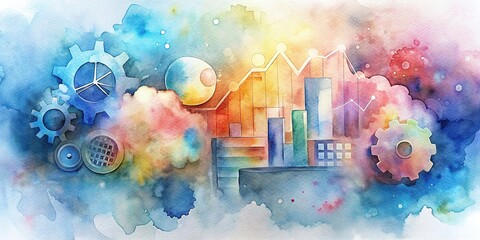 Abstract watercolor background with finance and money technology elements for business prosperity and asset management