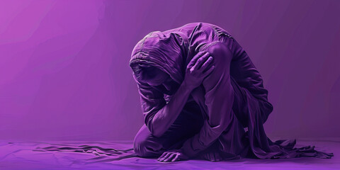 Wall Mural - Sorrow and Lamentations: A figure cradled in their arms, head bowed low, basked in the somber glow of a single candle, painting a powerful image of profound grief and mourning