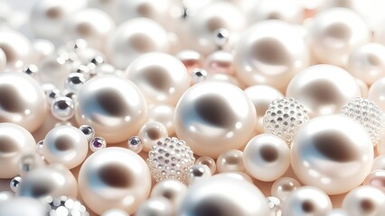 Aufkleber - White and golden pearls, beads, 3d render balls, sphares, round shapes backgorund.