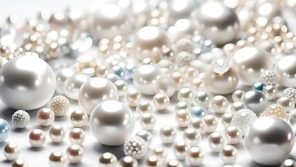 Poster - White and golden pearls, beads, 3d render balls, sphares, round shapes backgorund.