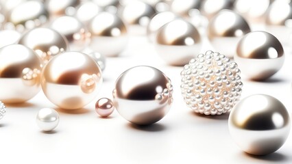 Aufkleber - White and golden pearls, beads, 3d render balls, sphares, round shapes backgorund.