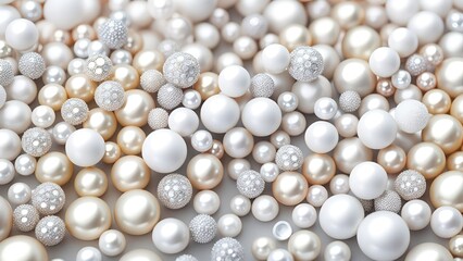Aufkleber - White and golden pearls, beads, 3d render balls, sphares, round shapes backgorund.
