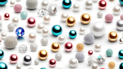 Aufkleber - White and golden pearls, beads, 3d render balls, sphares, round shapes backgorund.