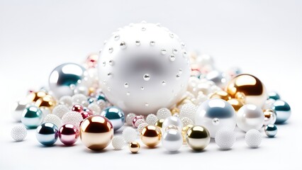 Aufkleber - White and golden pearls, beads, 3d render balls, sphares, round shapes backgorund.