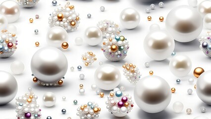 Aufkleber - White and golden pearls, beads, 3d render balls, sphares, round shapes backgorund.