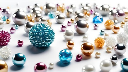 Aufkleber - White and golden pearls, beads, 3d render balls, sphares, round shapes backgorund.