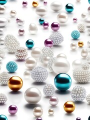 Aufkleber - White and golden pearls, beads, 3d render balls, sphares, round shapes backgorund.
