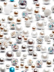 Poster - White and golden pearls, beads, 3d render balls, sphares, round shapes backgorund.