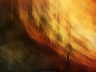 Wall Mural - A painting of a mountain range with a yellowish orange hue. The painting is abstract and has a sense of movement and depth