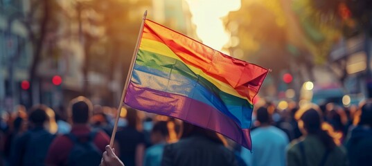 Sticker - Rainbow flag at LBGT festival parade. Trans gay lesbian gender equality movement symbol. Generative AI technology.	
