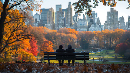 Wall Mural - couple enjoying a bench in Central Park New York with trees and skyscrapers visible under a clear blue sky